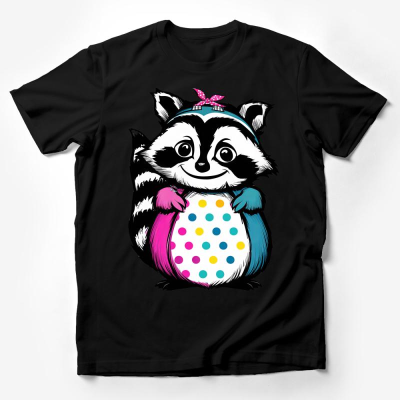 Cute Raccoon T-Shirt, Colorful Polka Dot Egg, Cartoon Animal Tee, Unisex Graphic Shirt, Casual Wear, Gift for Animal Lovers Male T-Shirt