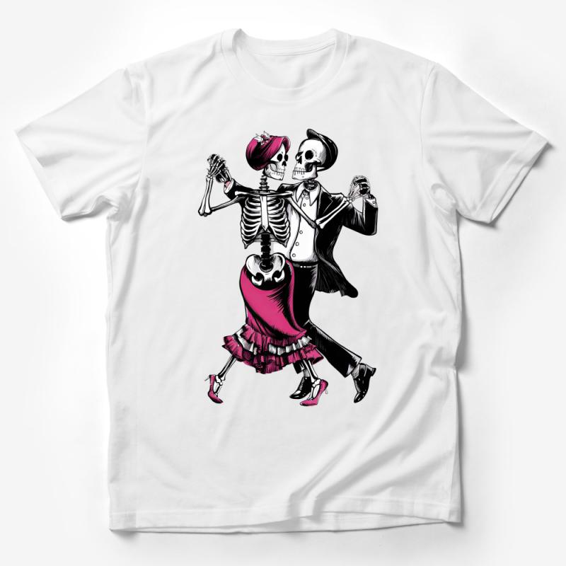 Dancing Skeleton Couple T-Shirt, Day of the Dead Graphic Tee, Unisex Skull Dance Shirt, Halloween Party Apparel Male T-Shirt