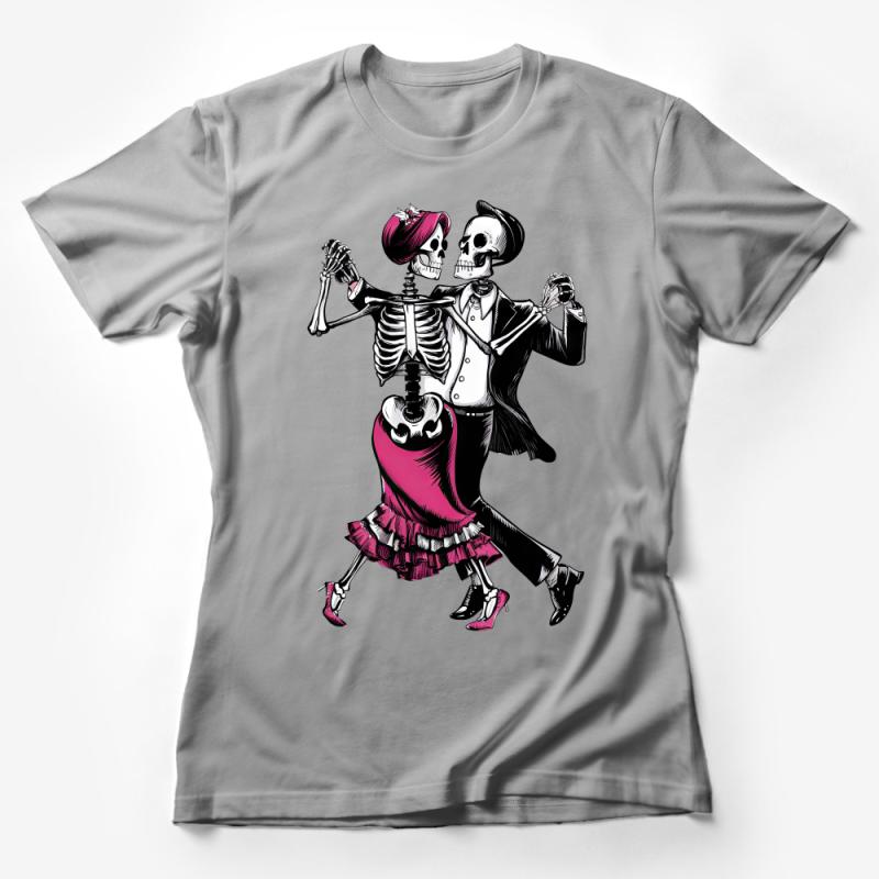 Dancing Skeleton Couple T-Shirt, Day of the Dead Graphic Tee, Unisex Skull Dance Shirt, Halloween Party Apparel Female T-Shirt