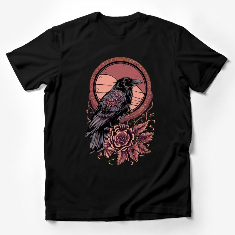 Gothic Raven T-Shirt, Dark Aesthetic Crow Tee, Moon Phases, Unisex Graphic Shirt, Mystical Bird Art, Floral Vintage-Inspired Top Male T-Shirt