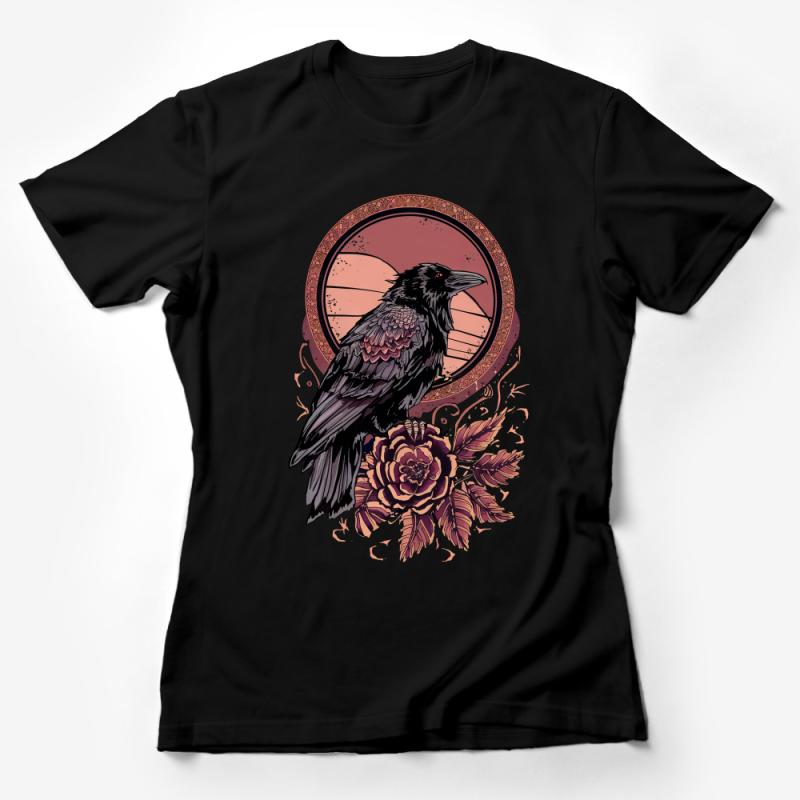 Gothic Raven T-Shirt, Dark Aesthetic Crow Tee, Moon Phases, Unisex Graphic Shirt, Mystical Bird Art, Floral Vintage-Inspired Top Female T-Shirt