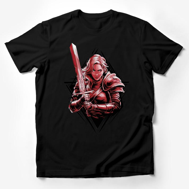 Warrior Woman T-Shirt, Fantasy Armor Female Warrior Graphic Tee, Bold Red and Black Shirt, Modern Knight Illustration, Unique Gift Male T-Shirt