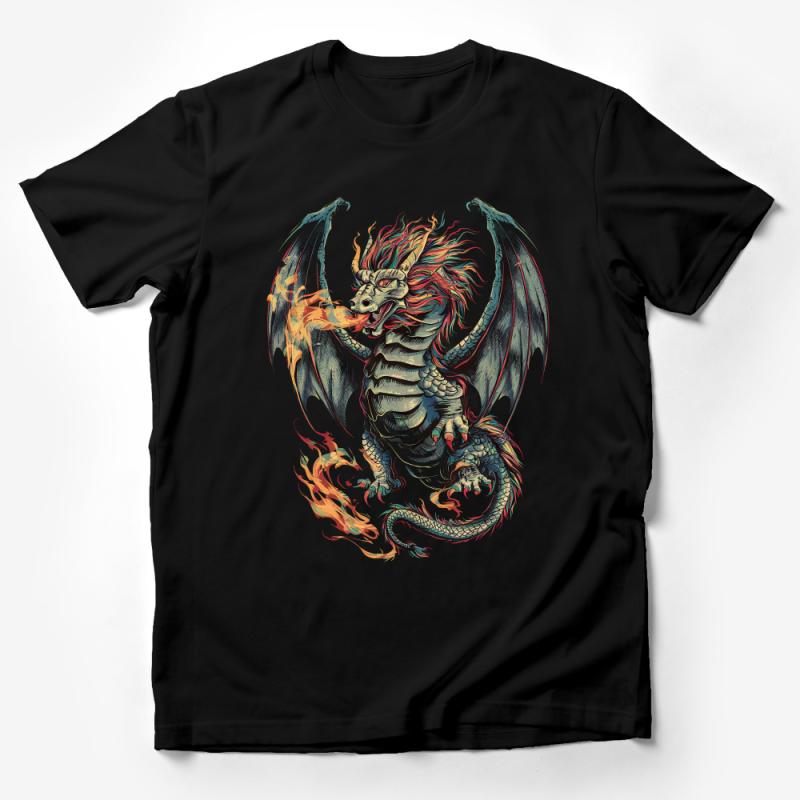 Fiery Dragon Unleashing Flames Graphic Tee, Mythical Creature Art T-Shirt for Fantasy Lovers Male T-Shirt