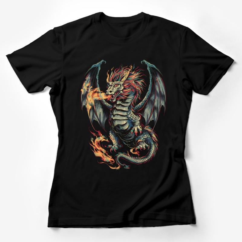 Fiery Dragon Unleashing Flames Graphic Tee, Mythical Creature Art T-Shirt for Fantasy Lovers Female T-Shirt