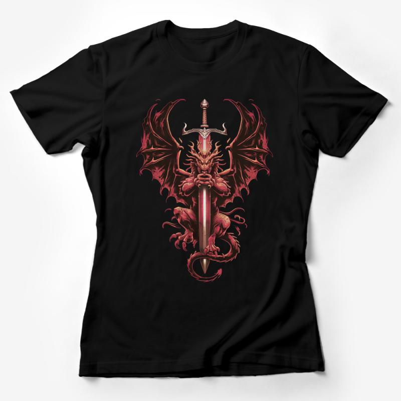 Unique Dragon and Sword Graphic Tee, Fantasy Art T-Shirt, Unisex Dragon Lover Gift, Red Mythical Creature Print Shirt Female T-Shirt