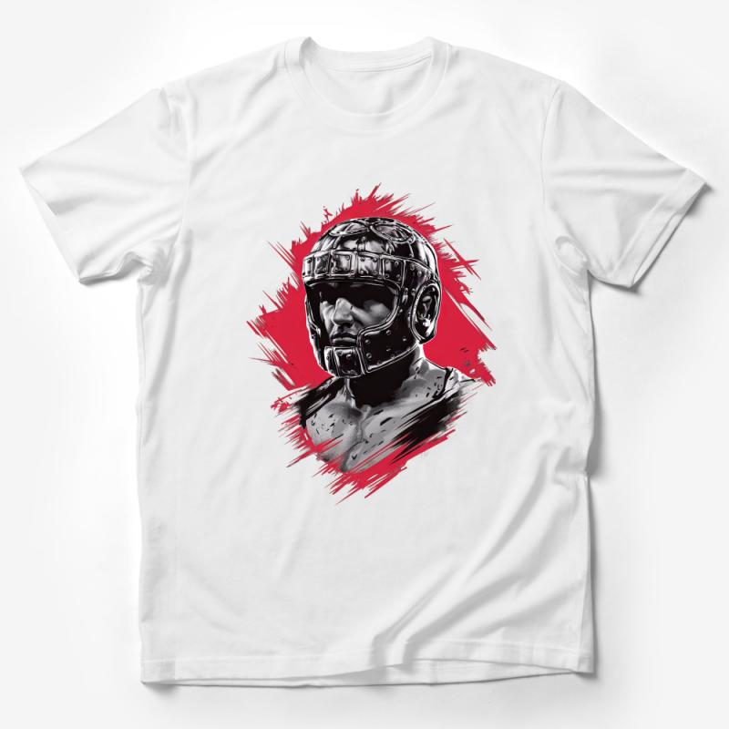 Men's Graphic T-Shirt, Unique Warrior Helmet Design, Casual Street Style Tee, Modern Urban Fashion, Bold Red and Black Shirt Male T-Shirt