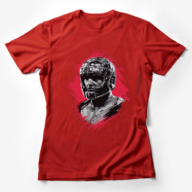 Men's Graphic T-Shirt, Unique Warrior Helmet Design, Casual Street Style Tee, Modern Urban Fashion, Bold Red and Black Shirt Female T-Shirt