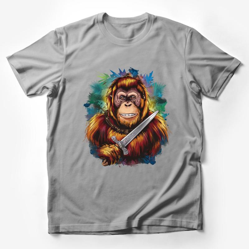 Monkey Warrior Graphic Tee, Colorful Chimpanzee with Sword T-Shirt, Unique Animal Art Shirt, Unisex Male T-Shirt