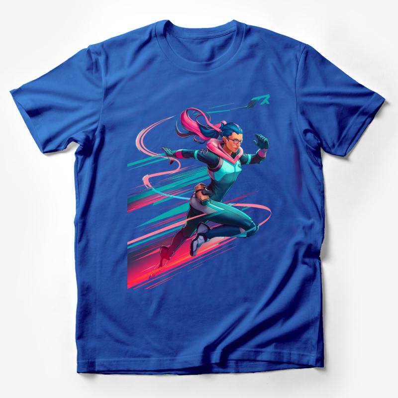 Futuristic Cyber Runner Graphic Tee, Stylish Sci-Fi Character T-Shirt, Vibrant Speedster Illustration Apparel Male T-Shirt