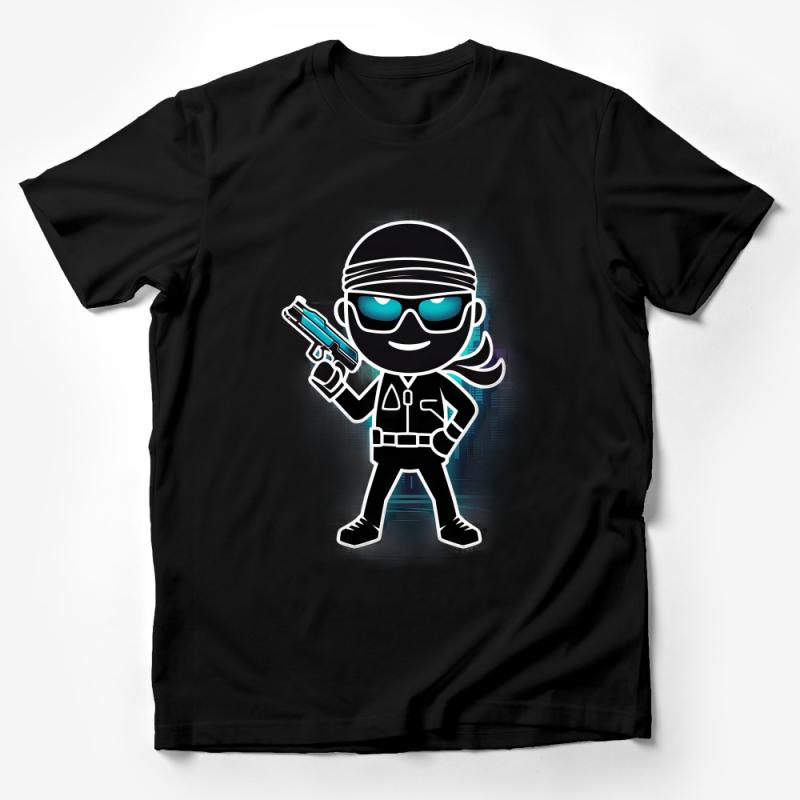 Cool Secret Agent Cartoon Character T-Shirt, Spy in Suit with Sunglasses and Pistol, Fun Novelty Graphic Tee, Unisex Male T-Shirt