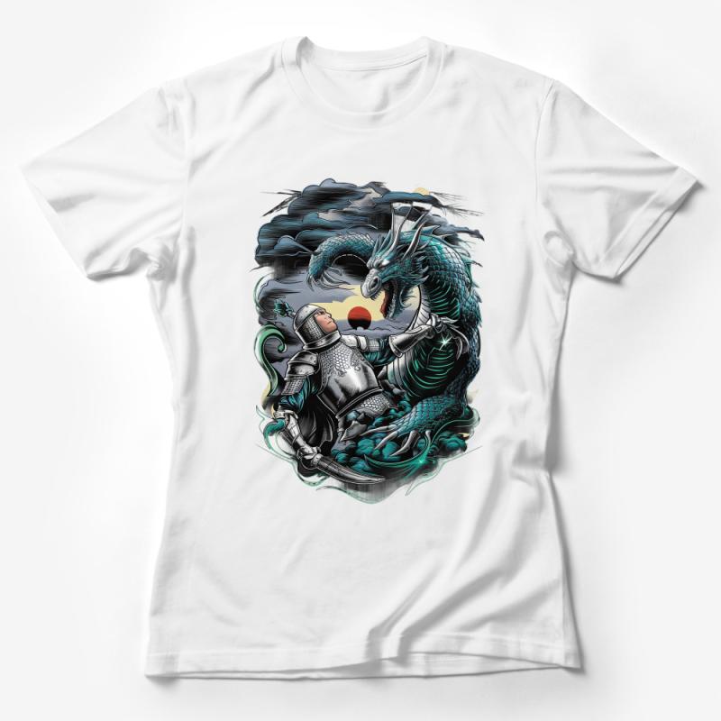 Medieval Knight vs Dragon Graphic Tee, Fantasy Creature Battle Shirt, Unisex T-Shirt Mythical Design, Epic Artwork Clothing, Gift for Gamers Female T-Shirt