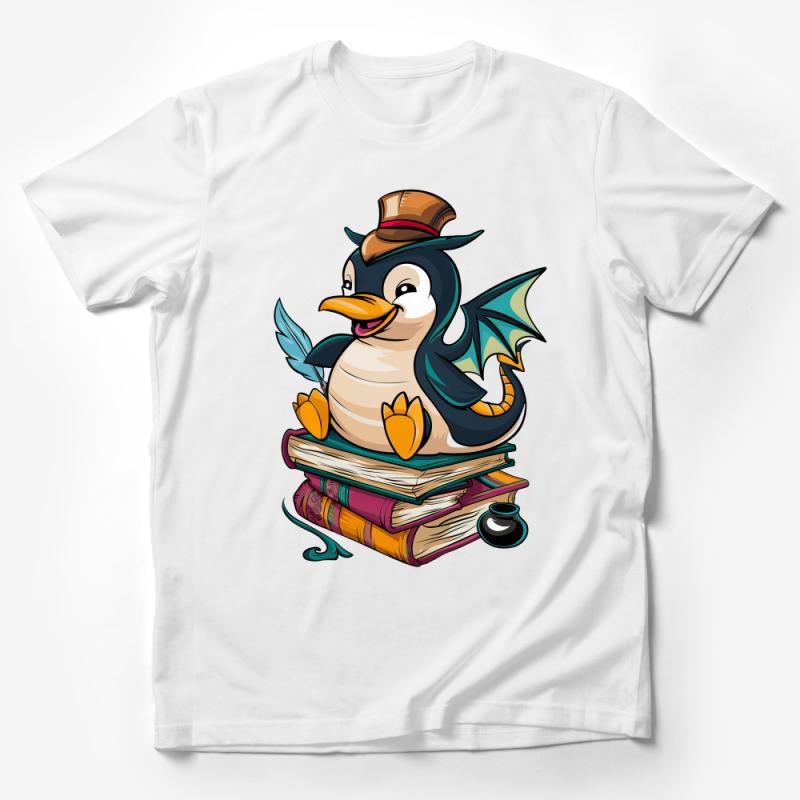 Fantasy Penguin Scholar T-Shirt, Cute Geeky Animal Tee, Book Lover Gift, Unique Graphic Shirt, Artistic Vintage Illustration Apparel Male T-Shirt