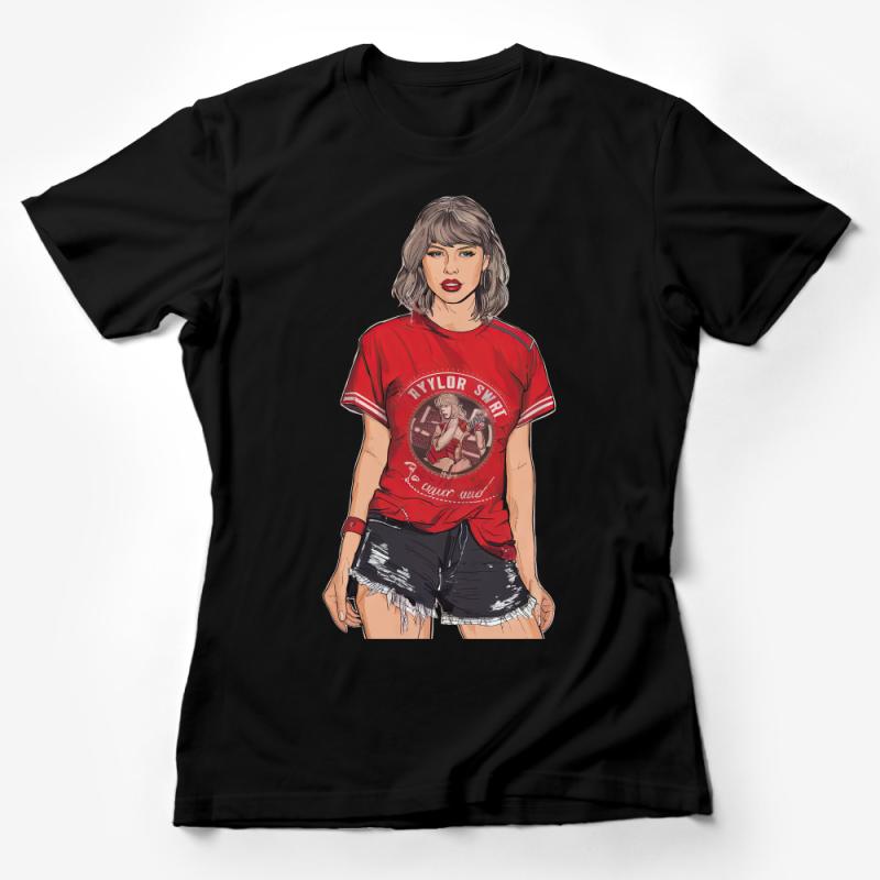 Graphic Tee with Pop Icon Illustration, Red Women's Shirt, Casual Summer Fashion Top Female T-Shirt