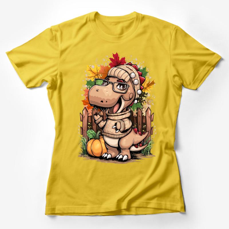 Cute Dinosaur Autumn Festivities T-Shirt, Cozy T-Rex with Pumpkin, Fall Season Casual Tee, Unisex Graphic Shirt for All Ages Female T-Shirt