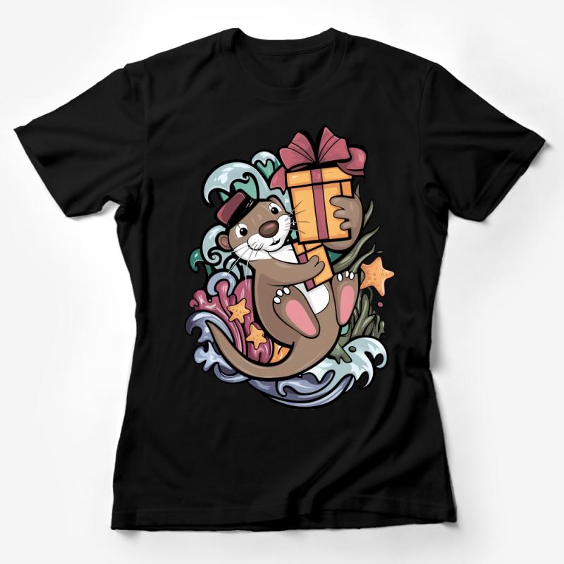 Cute Otter with Gift Graphic Tee, Unisex Ocean-Life Themed T-Shirt, Casual Birthday Present Idea Female T-Shirt