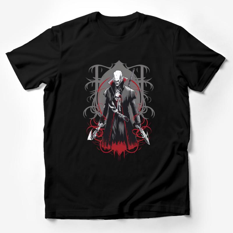 Gothic Vampire Warrior T-Shirt, Dark Fantasy Art Tee, Men's Graphic Shirt, Red and Black, Horror Character Design, Gift for Gamers Male T-Shirt