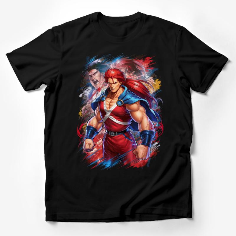 Vibrant Warrior Character T-Shirt, Colorful Fighter Tee, Bold Anime Style Shirt, Unique Graphic Design Top, Casual Streetwear Male T-Shirt