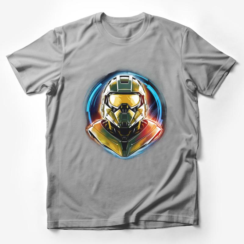 Futuristic Helmet Graphic Tee, Sci-Fi Soldier Design, Vibrant Unisex T-Shirt, Bold Casual Wear Male T-Shirt