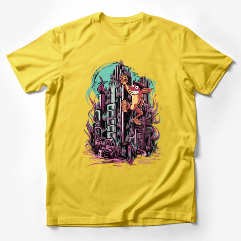 Vibrant Coyote Cityscape Graphic Tee, Urban Wildlife Art Print T-Shirt, Unique Animal Illustration Top, Unisex Apparel Male T-Shirt