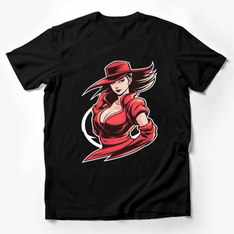 Red-Hued Femme Fatale T-Shirt, Stylish Lady with Hat Graphic Tee, Unique Comic Book Style Apparel Male T-Shirt