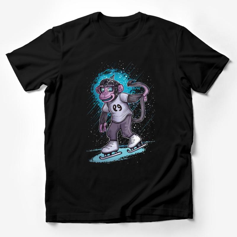 Quirky Monkey Ice Skater T-Shirt, Fun Ape on Skates, Cartoon Animal Tee, Unique Graphic Shirt, Cool Skating Monkey T-Shirt Design Male T-Shirt