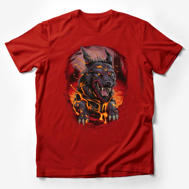 Men's Graphic Tee Fire Wolf Design, Bold Red and Black T-Shirt, Unique Wolf Illustration Casual Shirt, Gift for Wolf Lovers Male T-Shirt