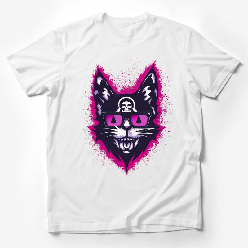 Cool Cat T-Shirt with Skull, Glasses and Splatter Art, Unique Graphic Tee, Hipster Cat Shirt, Unisex Casual Streetwear Male T-Shirt