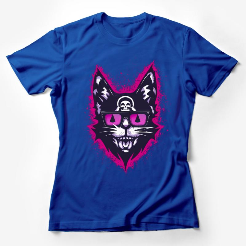 Cool Cat T-Shirt with Skull, Glasses and Splatter Art, Unique Graphic Tee, Hipster Cat Shirt, Unisex Casual Streetwear Female T-Shirt