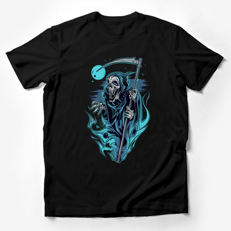 Grim Reaper and Blue Flames Graphic T-Shirt, Men's Gothic Tee, Dark Fantasy Art Clothing, Unique Halloween Shirt Design Male T-Shirt